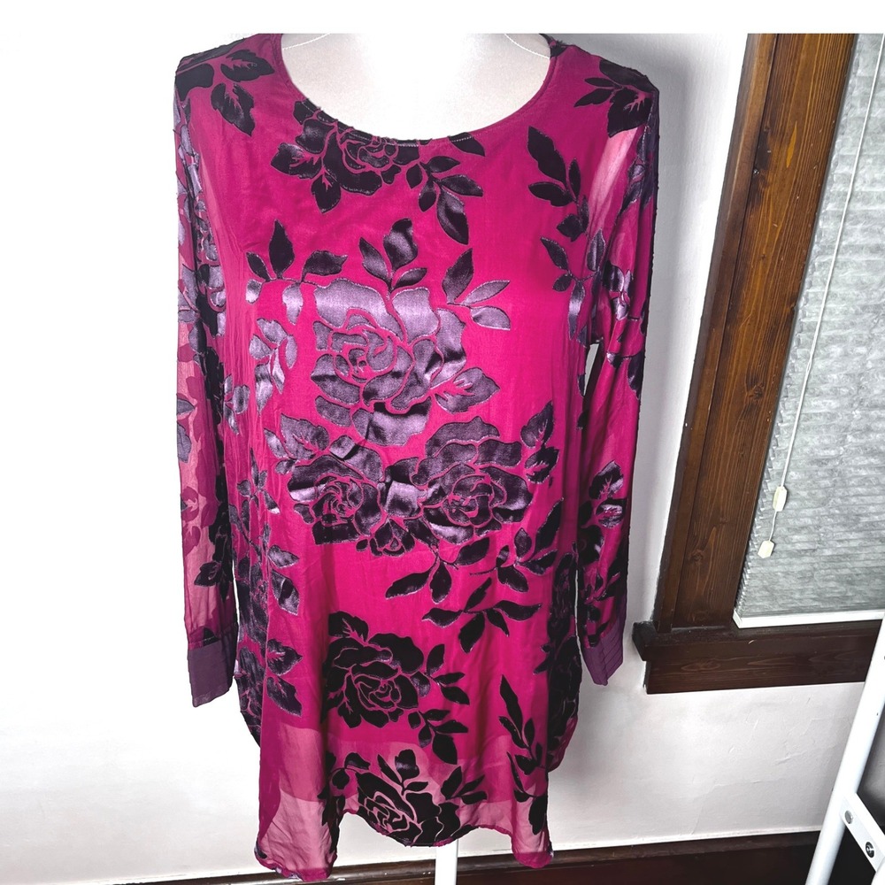 Soft Surroundings Magenta Burnout Velvet Floral Rose Tunic Top PM Whimsigoth